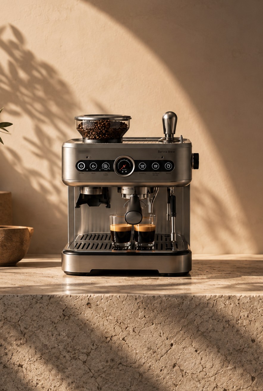 Espresso machine pulling two shots in warm afternoon light
