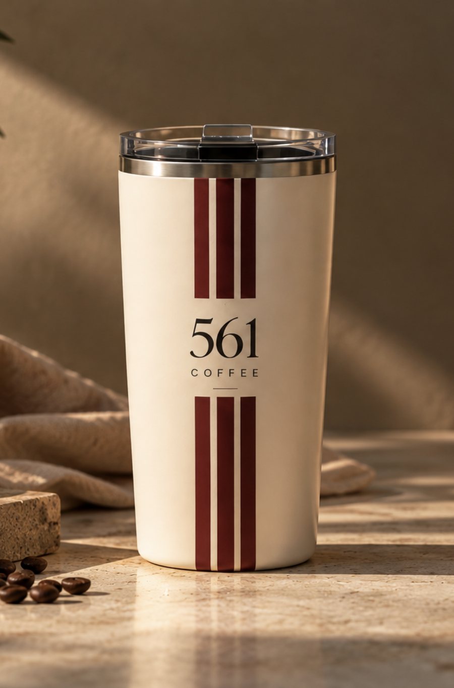 561 Coffee cream tumbler with maroon stripes