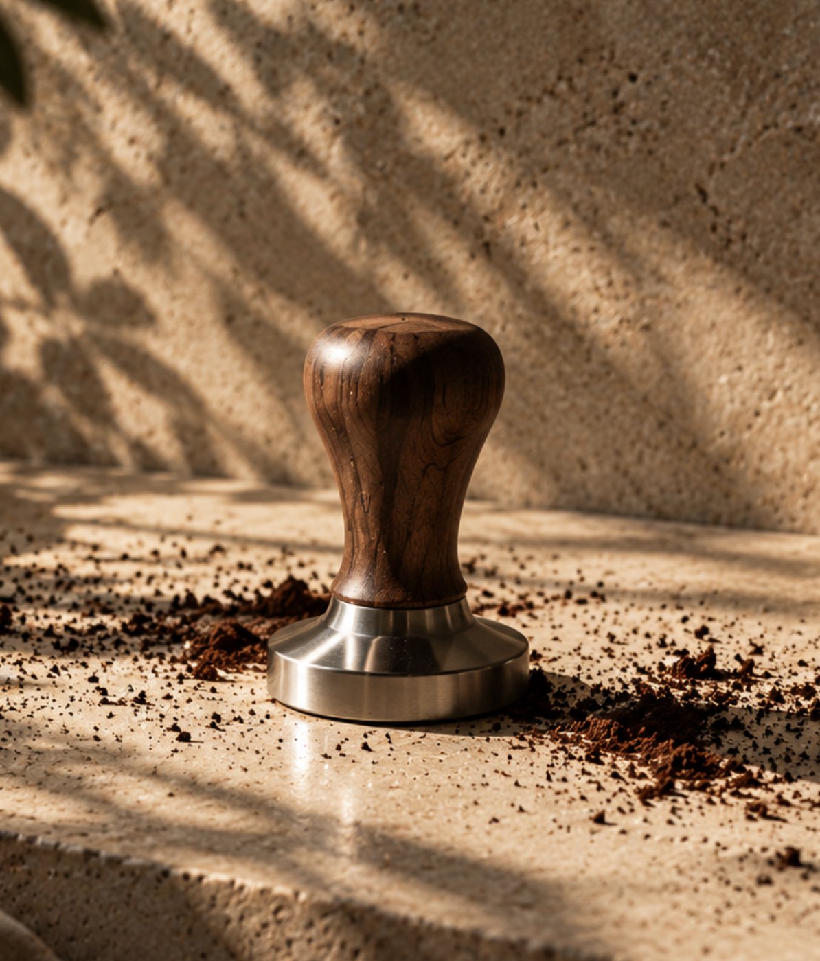 A walnut espresso tamper on a sunlit stone counter