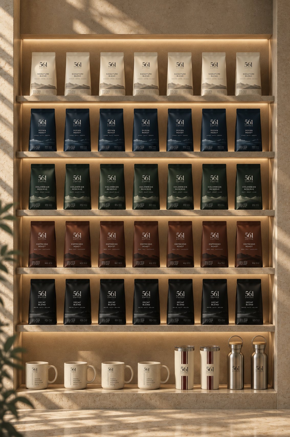 A lit wall of shelves stocked with every 561 Coffee bag, with mugs, tumblers and bottles below